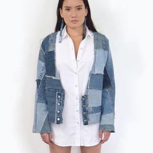 Giacca di jeans, camicia di jeans a maniche lunghe, camicia di jeans patchwork, camicia di jeans kimono