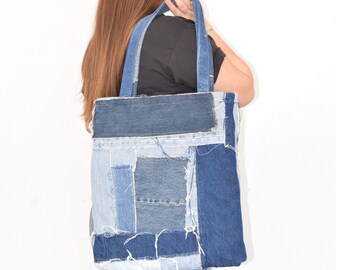 Denim tote, Patchwork Denim , Denim purse, Recycled Denim