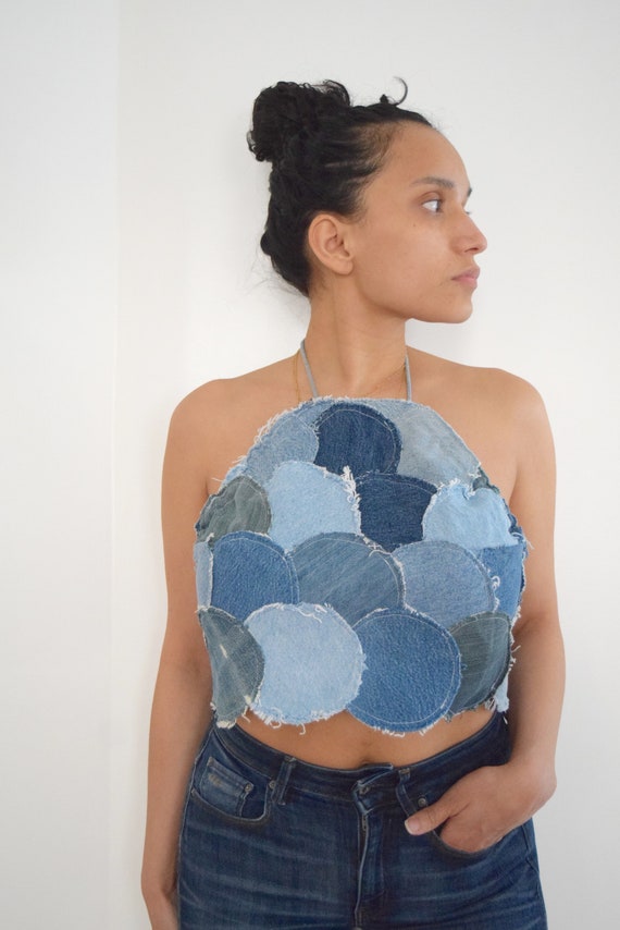 Denim Halter Top , Denim Summer Top Recycled Denim, Patchwork Denim