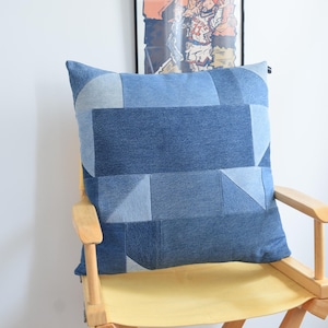 Unique , handmade denim patchwork , blue throw pillows , machine washable 22 x 22''