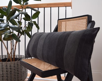 Upcycled Black Striped Denim Pillow Cover, Modern Lumbar Cushion (13'' x 33'')