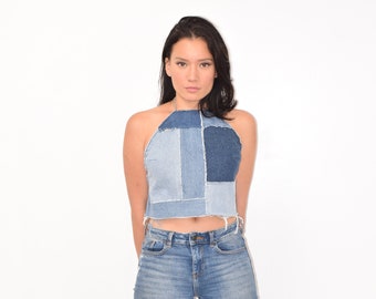 Denim halter top , Denim Summer Top Recycled Denim, Patchwork Denim