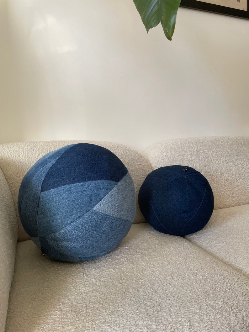 Ball Pillow, Denim Ball Pillow, Patchwork pillow, Throw Pillow image 5