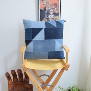 Unique , handmade denim patchwork , blue throw pillows , machine washable 22 x 22''