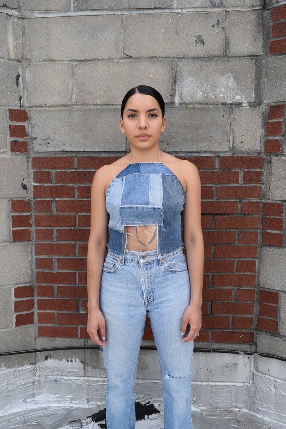 Denim Halter Top With Vinyl / PVC, Reworked Denim Shirt, Denim Top 