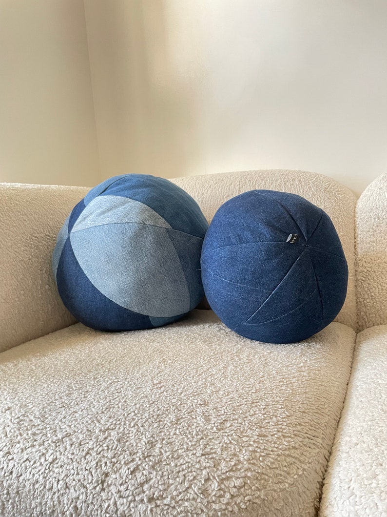 Ball Pillow, Denim Ball Pillow, Patchwork pillow, Throw Pillow image 2