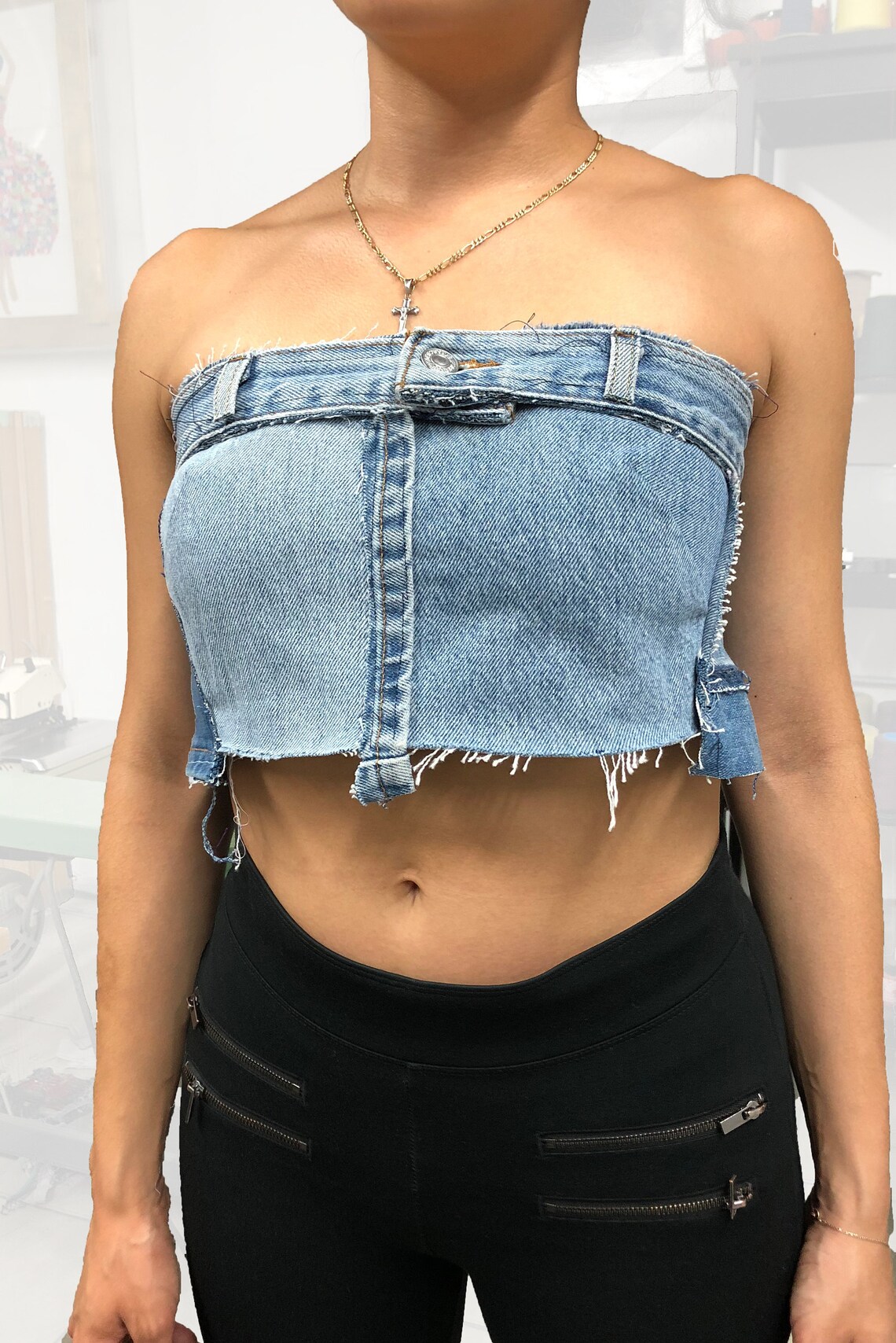 Denim Tube Top Reworked Denim Reworked Denim Patchwork Etsy