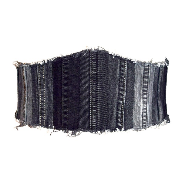 Ceinture corset en denim noir, ceinture en denim retravaillée, ceinture en denim patchwork