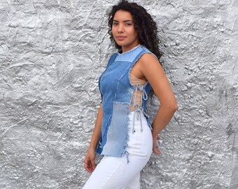 Denim Top, Denim Vest , Side tie top , Patchwork Denim