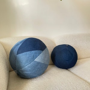 Ball Pillow, Denim Ball Pillow, Patchwork pillow, Throw Pillow image 1