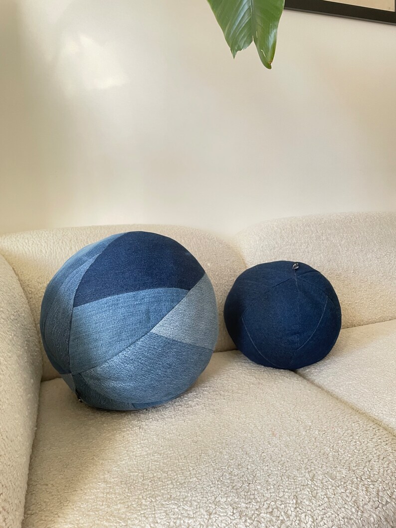 Ball Pillow, Denim Ball Pillow, Patchwork pillow, Throw Pillow image 1