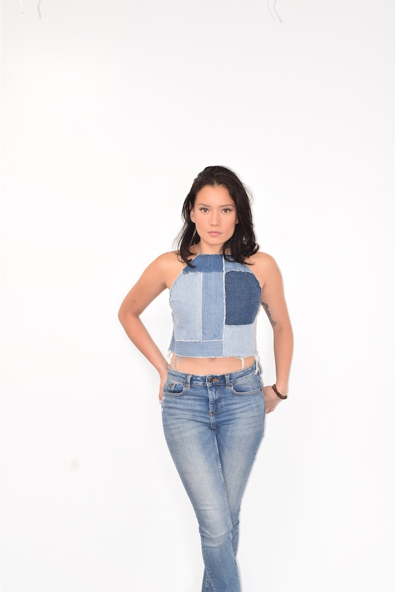 Denim Halter Top , Denim Summer Top Recycled Denim, Patchwork