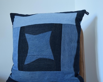 Denim pillow cover, denim pillow, patchwork denim, unique pattern pillow