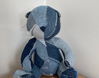 Denim Teddy Bear, patchwork teddy bear, unique teddy bear