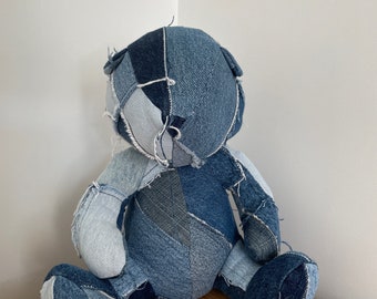 Denim Teddy Bear, patchwork teddy bear, unique teddy bear