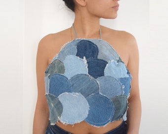 Denim halter top , Denim Summer Top Recycled Denim, Patchwork Denim