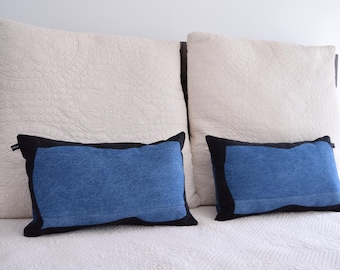 Handmade, Modern Unique , One of a Kind Denim Lumbar Pillow Cover: Black & Blue Patchwork, 12'' x 20''