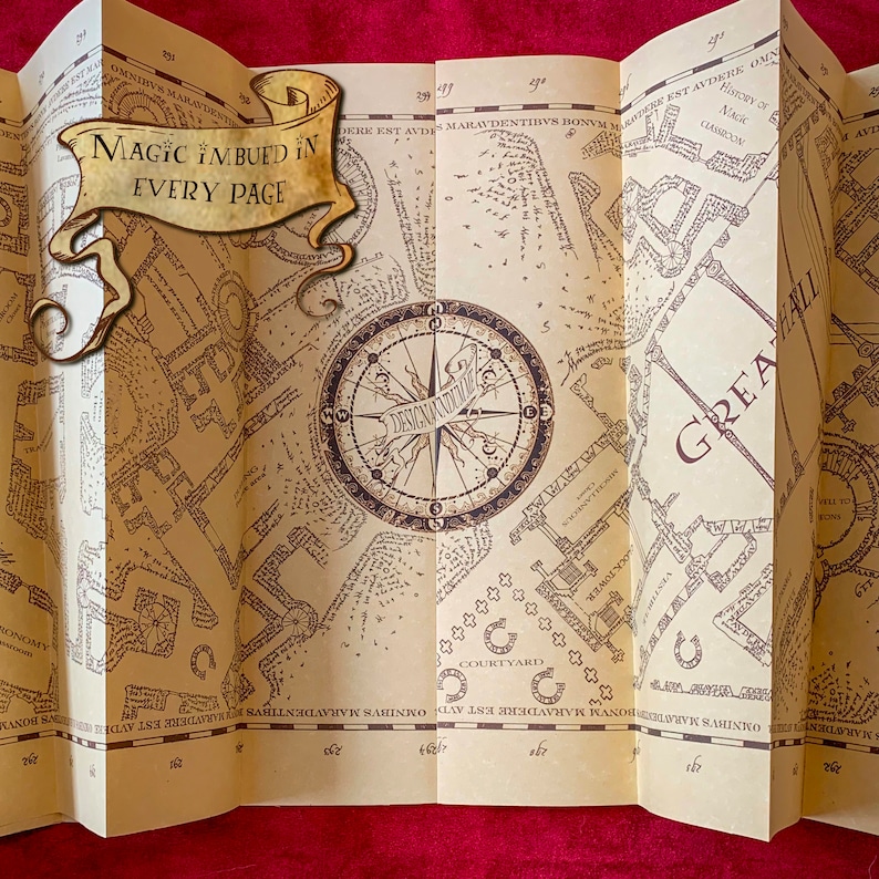 Ancient-looking map on beige parchment showcasing a detailed layout of a mystical castle with labeled rooms and passages. Central compass design indicates directions. Gold banner reads Magic Imbued in Every Page. Set against a velvety red backdrop.