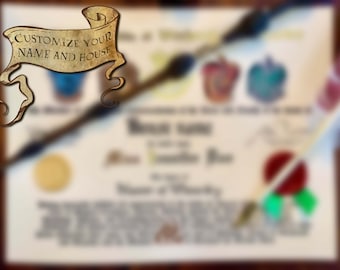 Dyplom Szkoły Magii i Czarodziejstwa | Prezent na ukończenie szkoły | Spersonalizowany imieniem i domem | Dyplom Czarodzieja | Dyplom Czarownicy | Złota folia