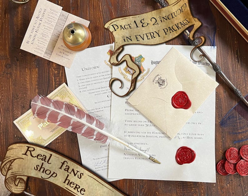 May include: A collection of printed stationery including a Hogwarts acceptance letter with a red wax seal, a uniform list, and a small card. A white and maroon feather quill, a metal wand, a brass inkwell, and several loose red wax seals are arranged on the paper.