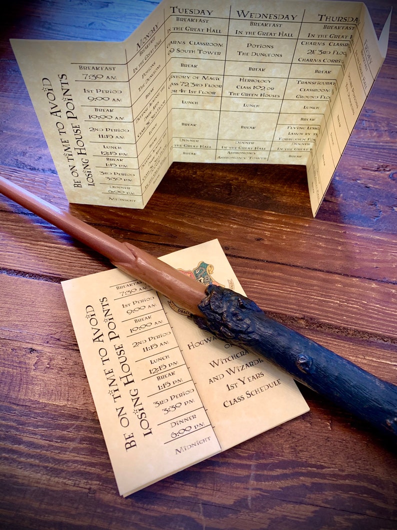 May include: A brown and black textured wand resting on a printed paper schedule titled Hogwarts School of Witchcraft and Wizardry 1st Years Class Schedule, featuring a weekly grid with times and subjects like Potions and Herbology.