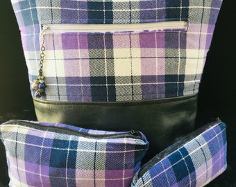 Lilac-Lavender-Navy-White Plaid and Faux Leather Purse-Cosmetics Bag-Glasses Case Set