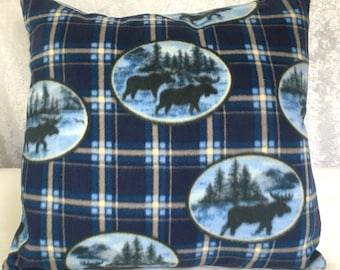 Blue-Black-Cream Plaid Moose/Outdoor Inspired Fleece Themed Throw Pillow Cover Sham