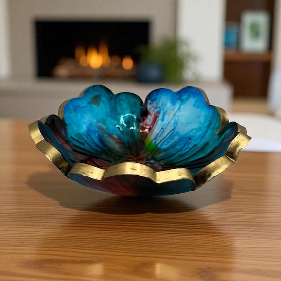 Floral Resin Trinket Dish: Handmade Flower Ring Holder with Gold Trim