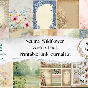 Neutral Wildflower Junk Journal Pages – Printable Vintage Floral Paper for Collage, Scrapbooking, Ephemera, Digital Journal