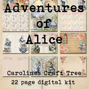 Set kit diario spazzatura digitale Adventures of Alice, paese delle meraviglie, download stampabile, effimera, album, abbellimento, tecnica mista, fai da te artigianale