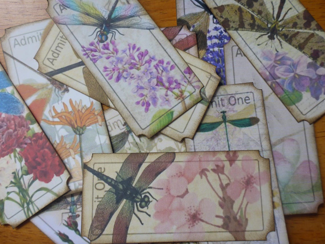 Printable Dragonfly Tickets Vintage Flower, Download Ephemera, Junk ...