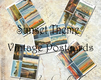 zonsondergang thema vintage ansichtkaarten set, instant download, ephemera, junk journal, scrapbooking, afdrukbaar, versiering, ambachten, digitale kit