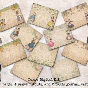 dance digital paper and journal card kit, junk journals, scrapbooking, journaling, paper crafts, mixed media, craft supplies, flowers,