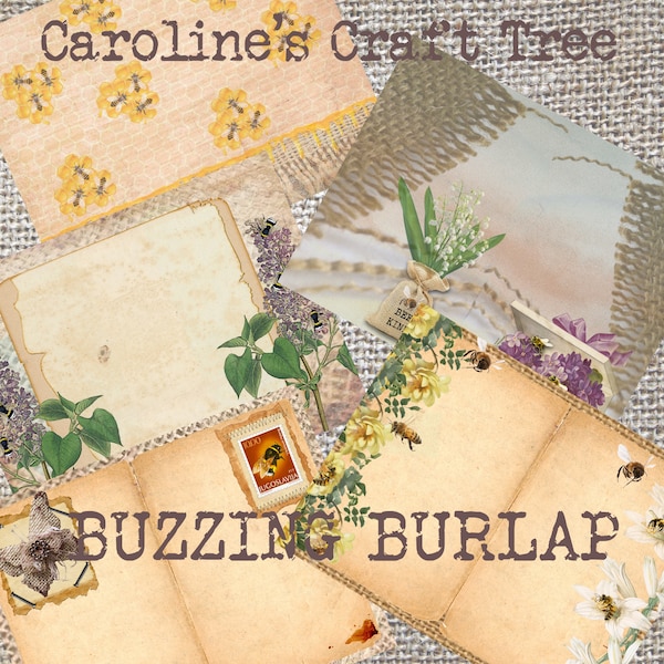 buzzing burlap bees digital junk journal kit, instant download, ephemera, scrapbooking, printable, embellishment, journaling, paper craft