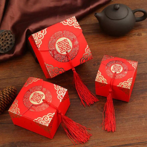 Lot de 10/50 boîtes de cadeaux de mariage traditionnelles chinoises rouges et dorées Double bonheur | Boîtes de chocolats | Boîte carrée | Cadeau de fête | 3 tailles