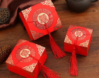 Set of 10/50 Red & Gold Double Happiness Red Chinese Traditional Wedding Favors Boxes | Chocolate Boxes | Square Box | Party Favor | 3 Sizes