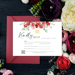Carte RSVP rouge et verte moderne de double bonheur | Carte RSVP | Papeterie de mariage | Double bonheur | 5 x 3,5 po. | Mariage asiatique