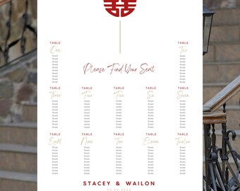 Minimal Asian Theme Wedding Seating Chart Double Happiness | Instant Download | Editable Canva Template | Printable