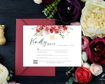 Modern Red and Green Floral Double Happiness RSVP Card | RSVP Card | Wedding Stationary | Double Happiness | 5x3.5 IN | Asian Wedding