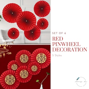 Red Double Happiness Paper Pinwheels: Chinese Wedding Decor (Set of 6)
