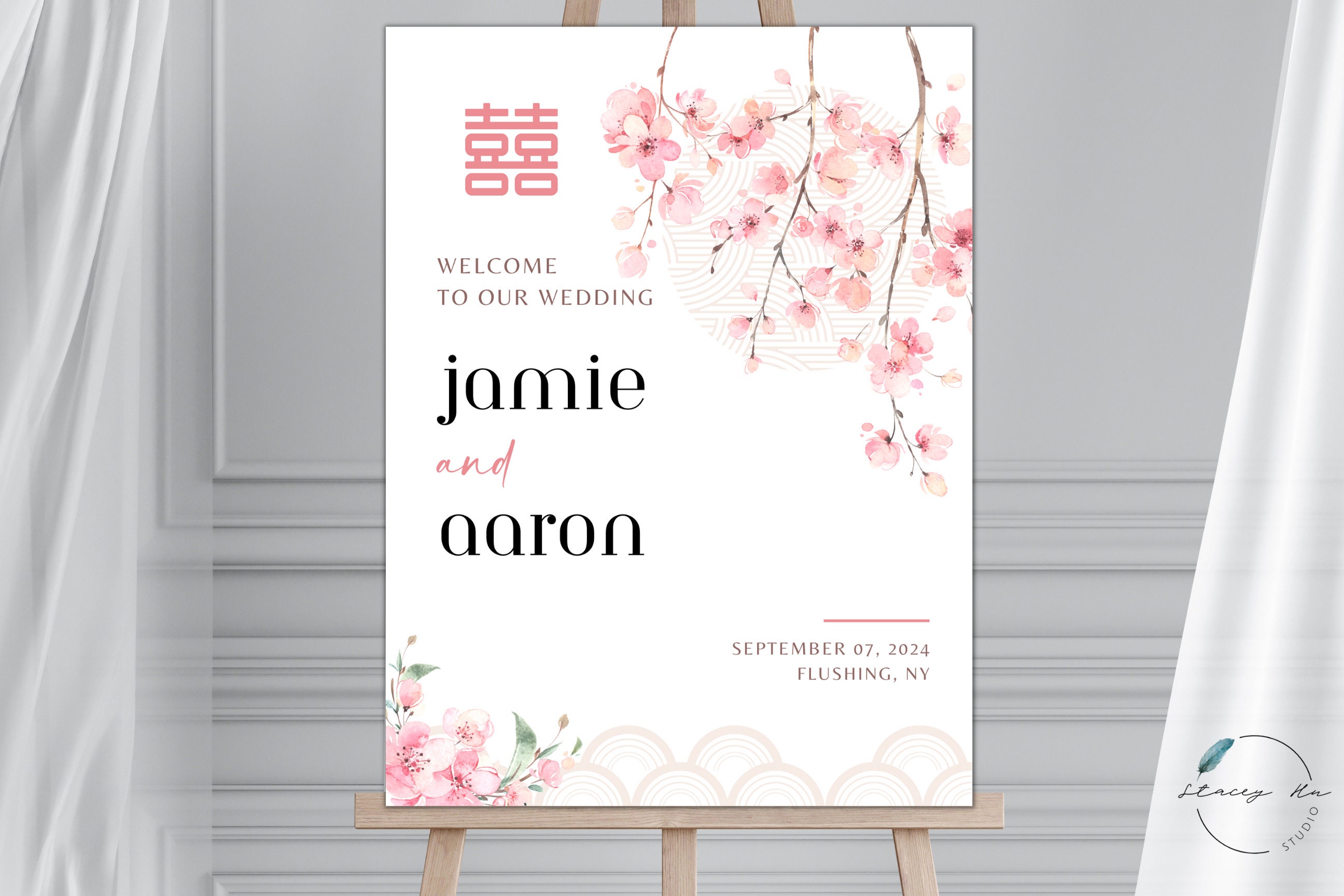Pink Sakura Double Happiness Wedding Welcome Sign | 18x24 IN | 45x60 CM | Instant Download | Editable Canva Template | Printable