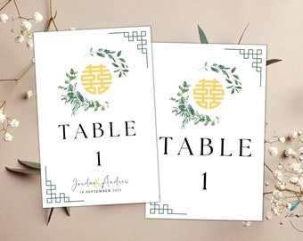 Simple Greenery Wedding Double Happiness | Table Number Cards | Chinese Ceremonies | Instant Download | Editable Canva Template | Printable