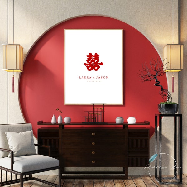Simple Red Double Happiness Reception Guest Book Signature Poster Board | Printable | Editable Canva Template
