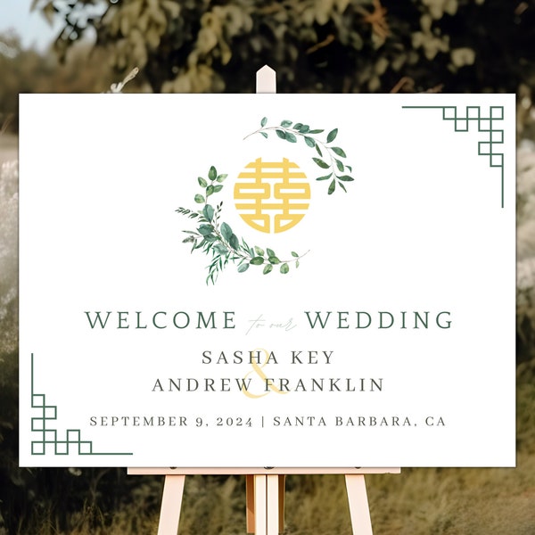 Simple Greenery Double Happiness Wedding Welcome Sign| 18x24 IN | Landscape | Instant Download | Editable Canva Template | Printable