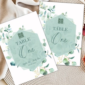 Carte numeriche per tavolo da matrimonio geometrico verde doppia felicità / Cerimonie cinesi / Download istantaneo / Modello Canva modificabile / Stampabile