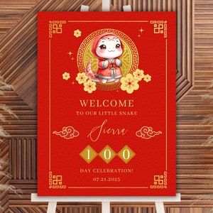 Baby Snake 100 Day Celebration Welcome Sign 2025 / Festa dell'uovo rosso e dello zenzero / Download immediato / Modello Canva modificabile / Stampabile / 18x24