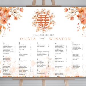 Boho oranje bloemen tafelschikking | Alfabetische volgorde | Dubbel geluk | Landschap | 18 x 24 inch| Direct downloaden | Bewerkbare canvassjabloon