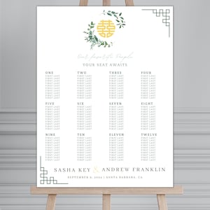 Doppeltes Glück Greenery Sitzplan für die Hochzeit | Porträt | 45x60cm| Sofortdownload | Bearbeitbare Canva Vorlage | Druckbar