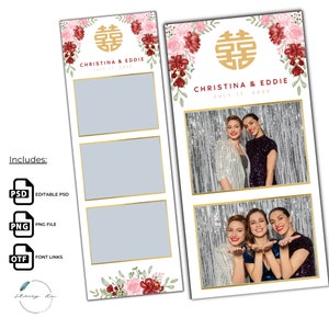 Layout di strisce per photobooth doppie felicità rosse e blush 2x6 (4x6) / Layout per photobooth / Ritratto / Cinese / Asiatico