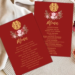 Simple Red, Blush and Gold Double Happiness Wedding Menu Set v2 | Family Style & Plated | Editable Canva Template | Printable | 5x7